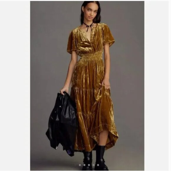 Anthropologie Somerset Maxi Dress Golden Velvet Whimsical Fairy Grunge Like New - Picture 10 of 12